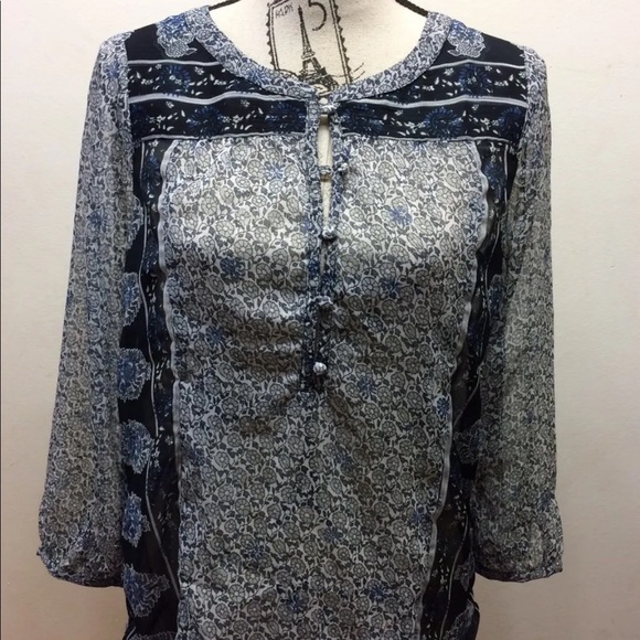 Lucky Brand Women Chiffon Blouse Floral Print Small Blue Gray 3/4 Length Sleeve - Picture 7 of 10